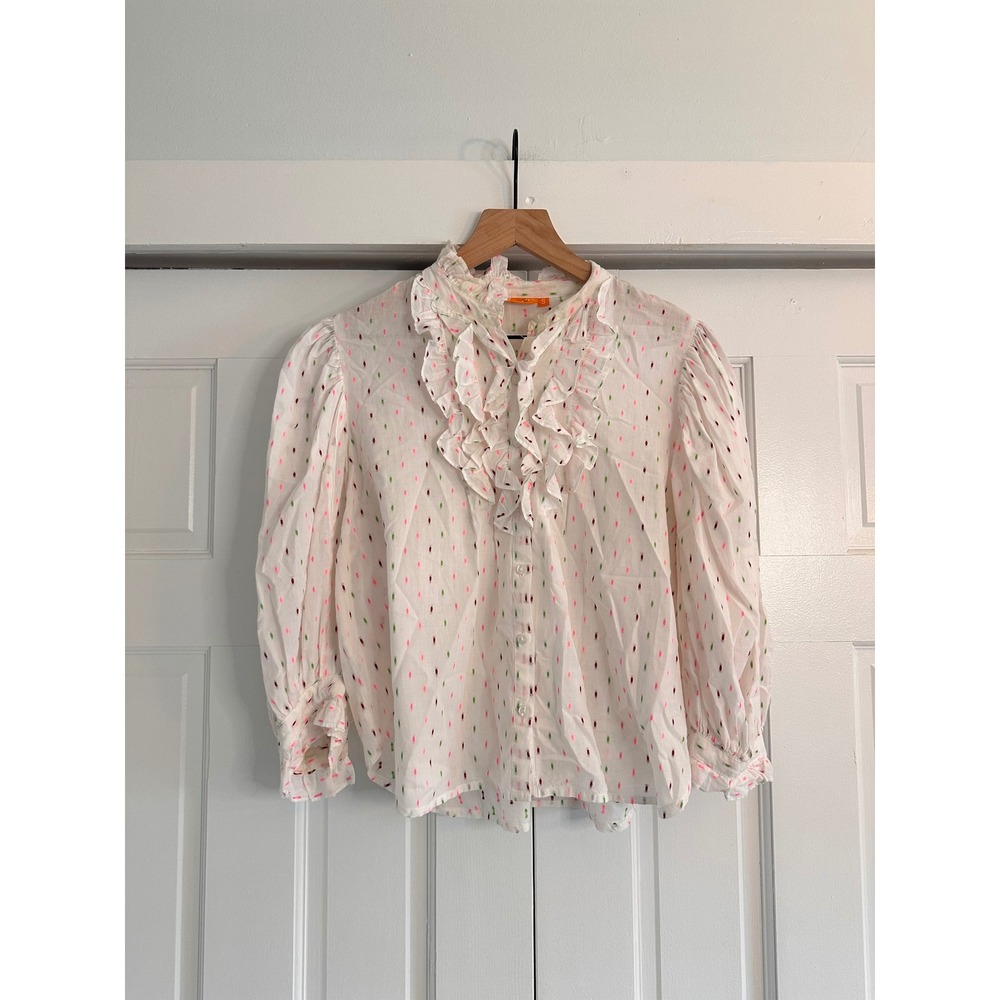 Oliphant White‎ Multi Color Clip Dot Ruffle Neck Cotton Puff Sleeve Blouse Small
